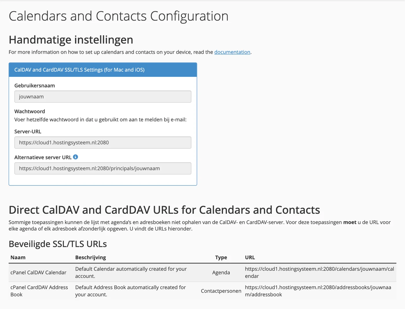 CalDAV- en CardDAV-instellingen in cPanel