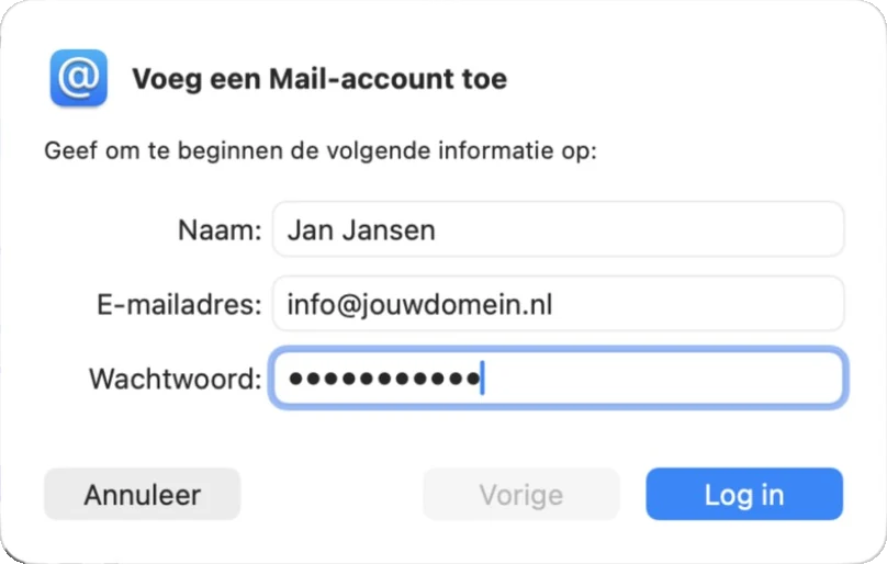 Naam, e-mailadres en wachtwoord invullen in Apple Mail