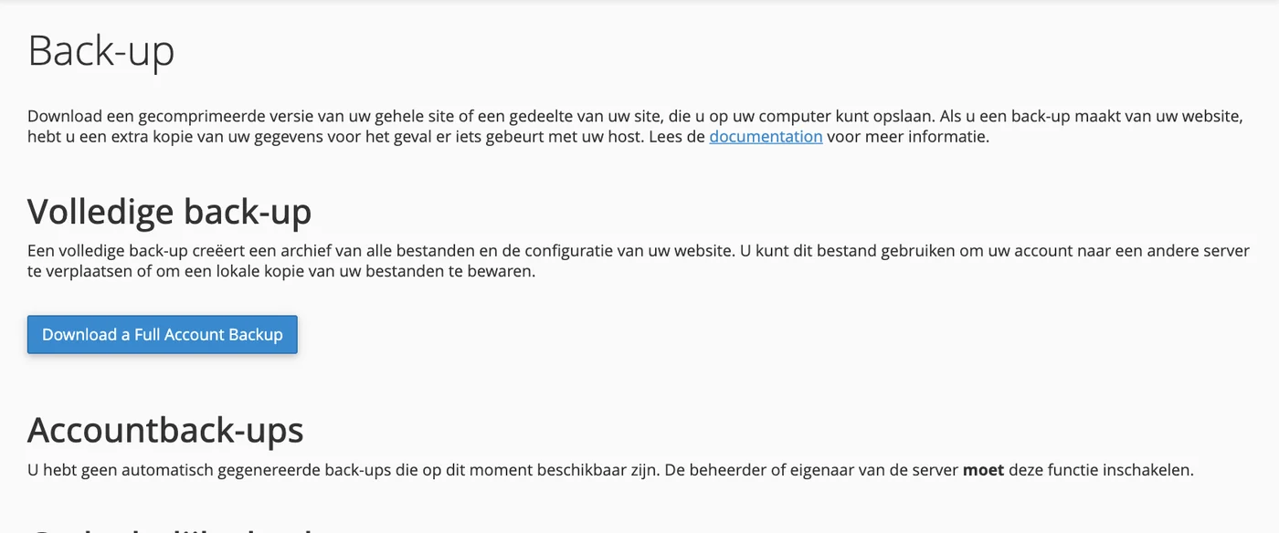 De back-uppagina in cPanel