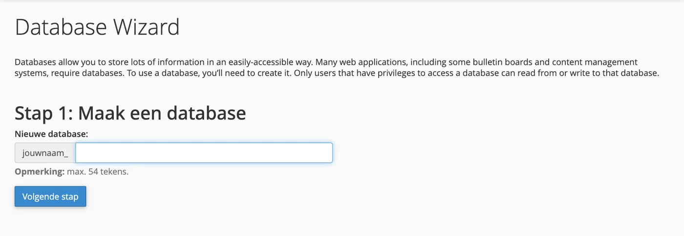 De Database Wizard in cPanel