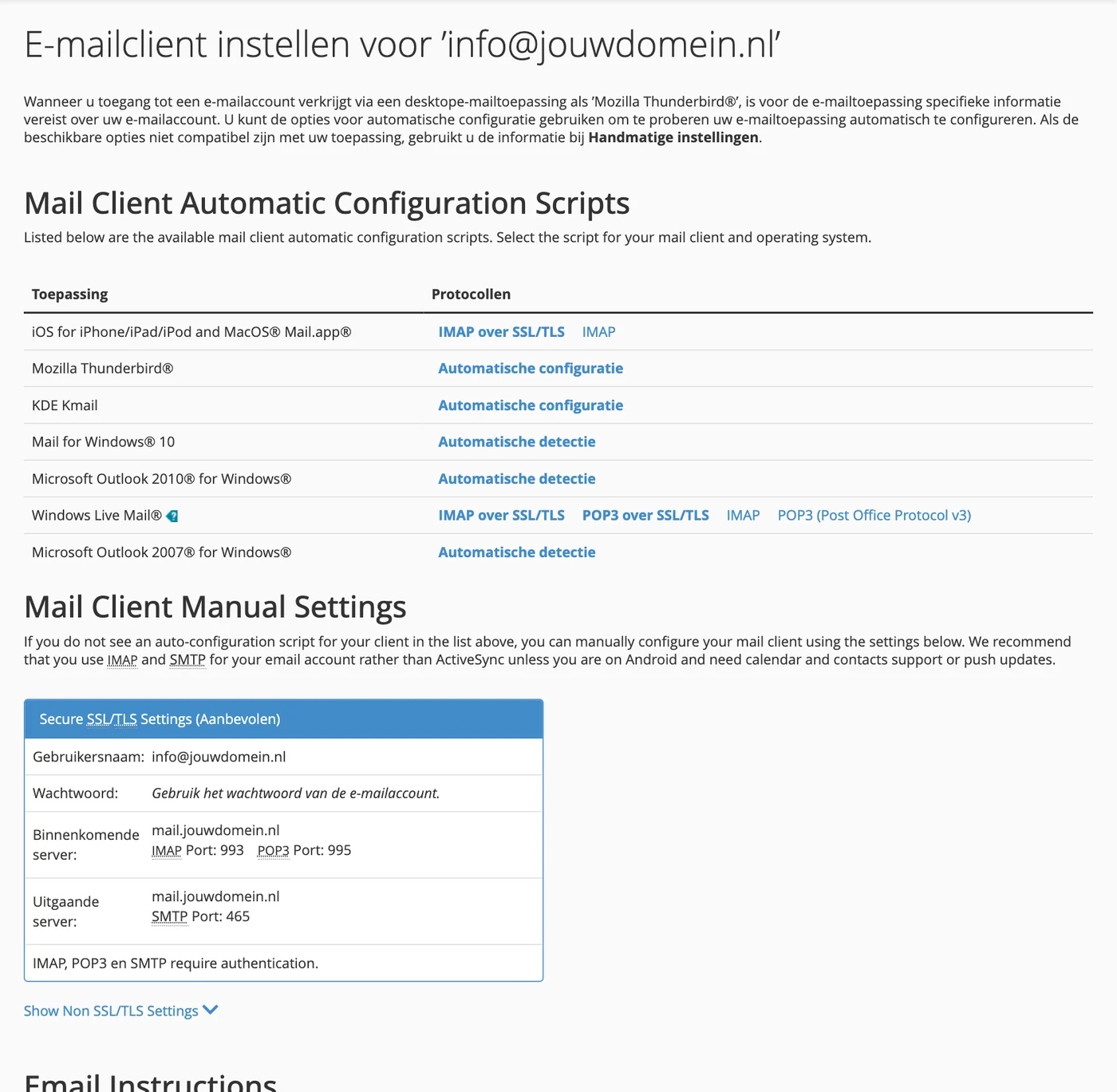De mailinstellingen in cPanel bij Connect Devices