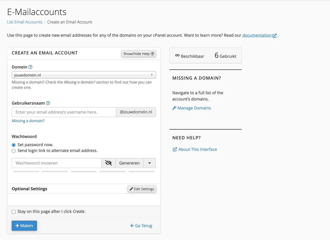 Een nieuw e-mailadres maken in cPanel