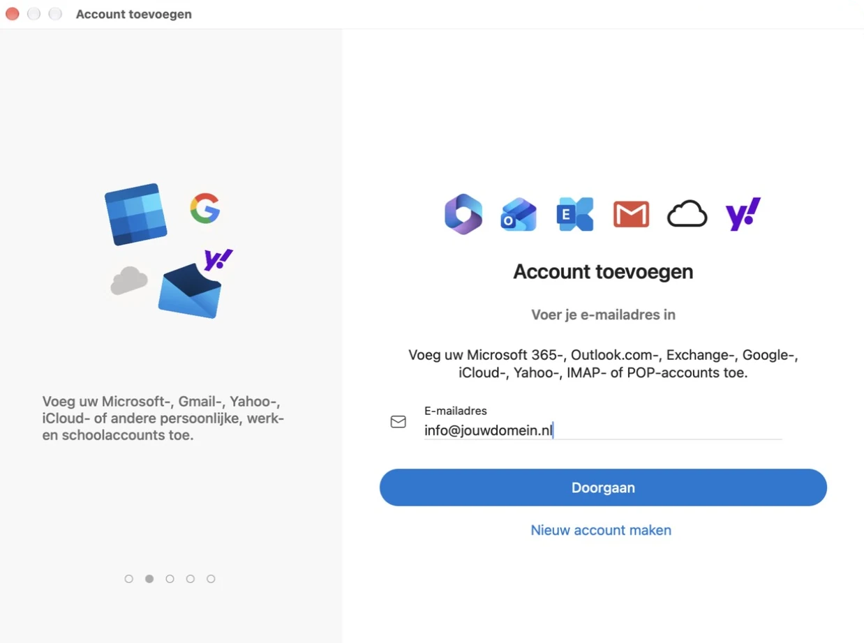 Het e-mailadres invullen bij Account toevoegen in Outlook voor Mac