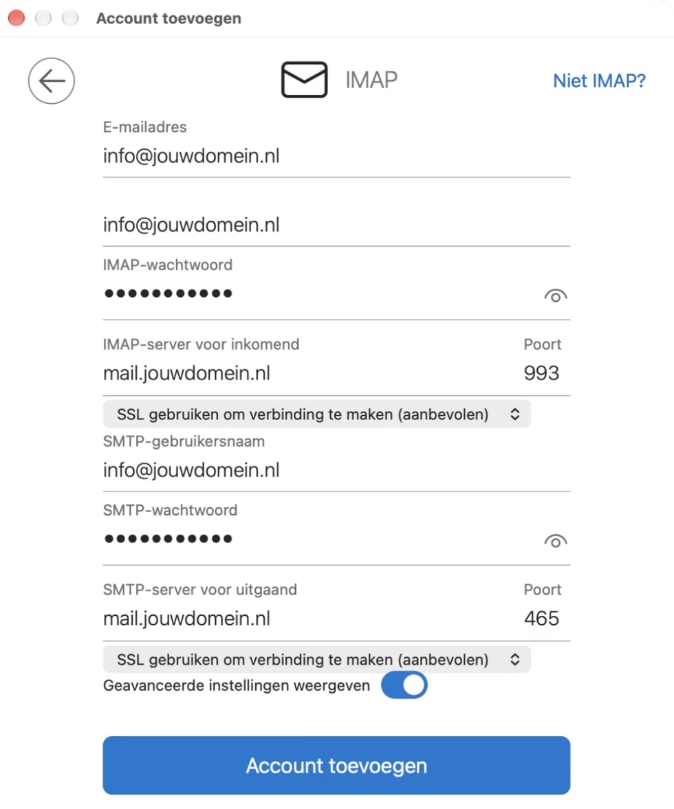 De servergegevens invullen in Outlook voor Mac
