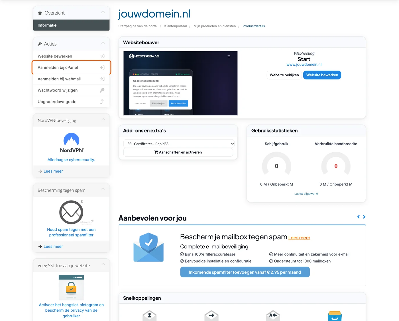 Aanmelden bij cPanel in het klantportaal