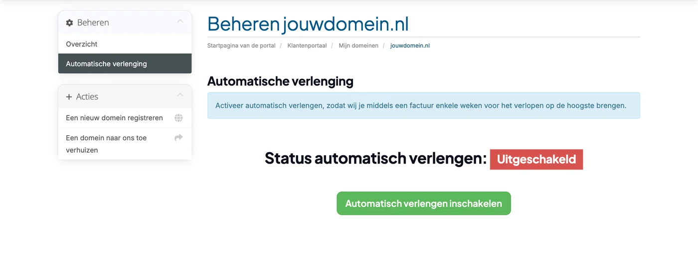 Automatische verlenging van een domein in het klantportaal