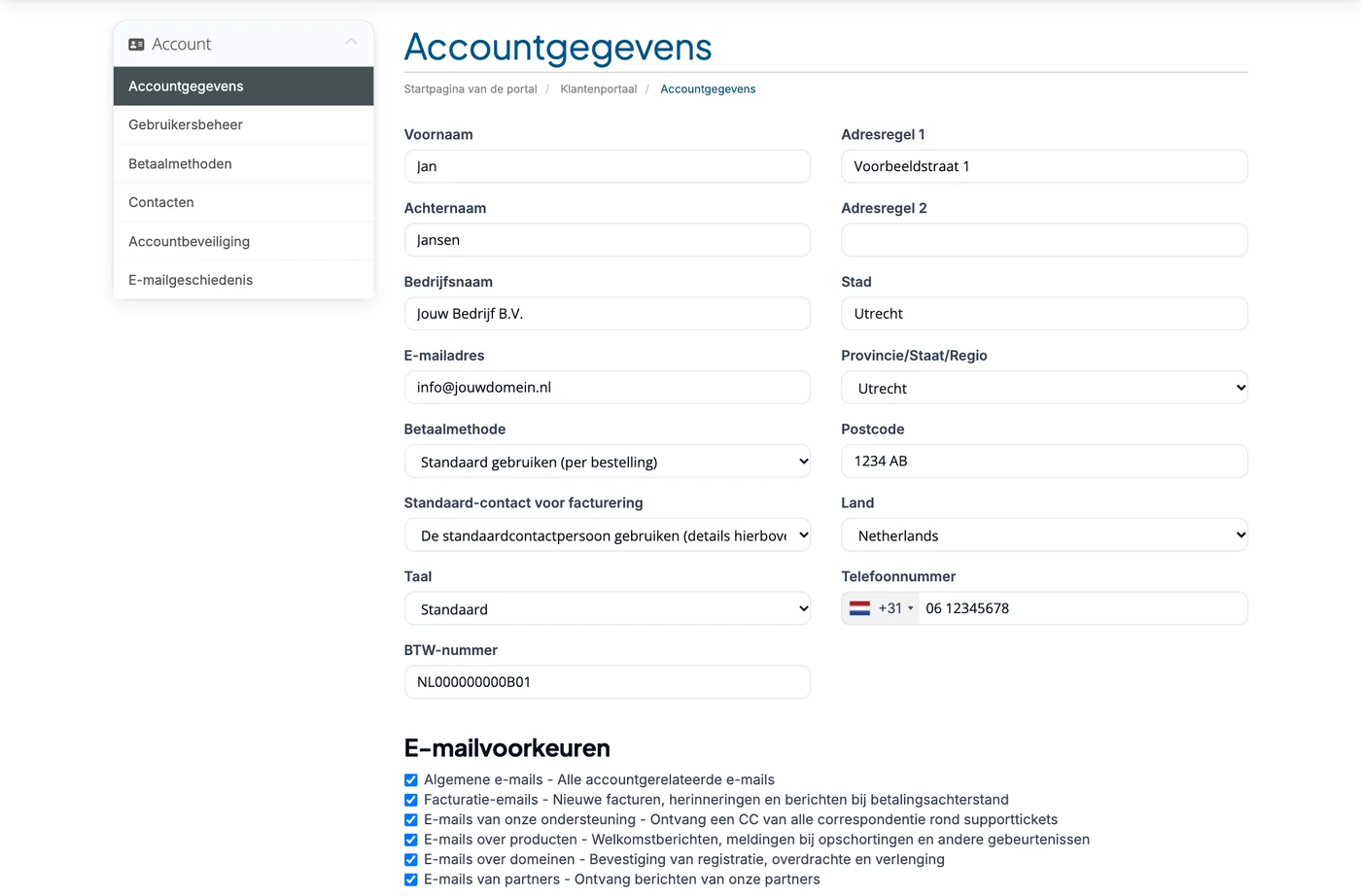 Accountgegevens in het klantportaal