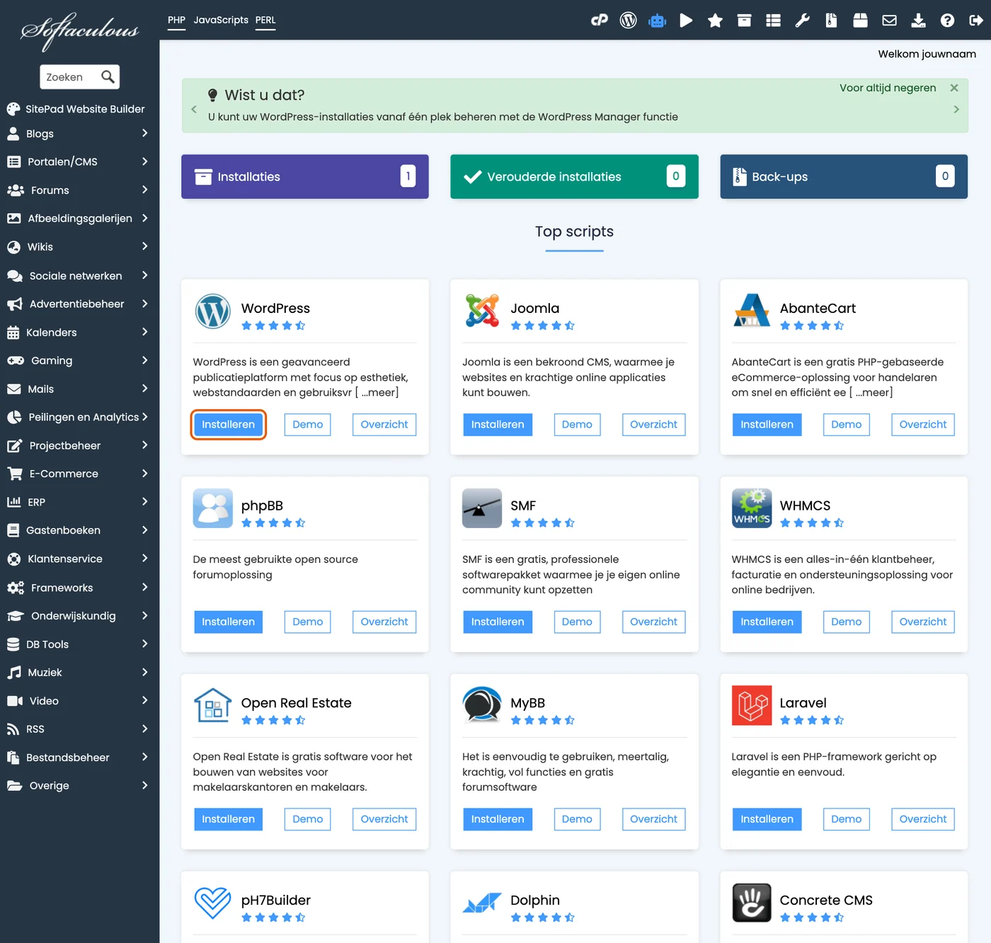 WordPress installeren met Softaculous