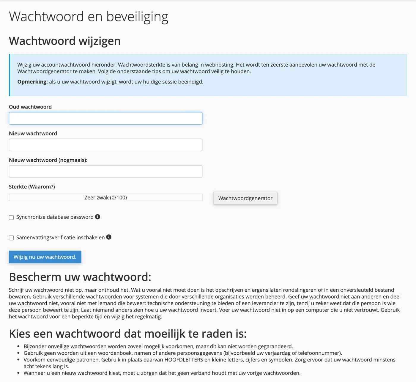 Het cPanel-wachtwoord wijzigen